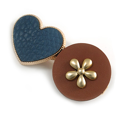 Romantic Gold Tone PU Leather Heart and Flower Hair Beak Clip/ Concord Clip (Blue/ Brown) - 60mm L - main view
