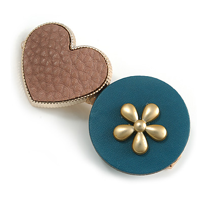 Romantic Gold Tone PU Leather Heart and Flower Hair Beak Clip/ Concord Clip (Dusty Pink/ Teal) - 60mm L - main view