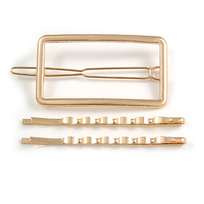 Set Of Twisted Hair Slides and Open Square Hair Slide/ Grip In Gold Tone Metal - main view