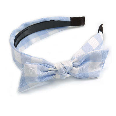 Light Blue/ White Checked Fabric Bow Alice/ Hair Band/ HeadBand - main view