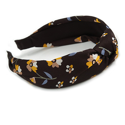 Floral Print Silk Fabric Flex HeadBand/ Head Band in Black/ Yellow/ Grey - main view