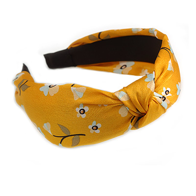 Floral Print Silk Fabric Flex HeadBand/ Head Band in Yellow/ Light Blue/ White