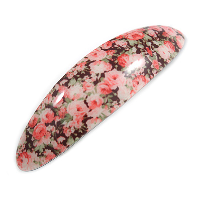 Romantic Floral Acrylic Oval Barrette/ Hair Clip in Pink/ Green/ Black - 90mm Long - main view