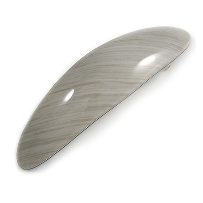 Grey Olive Stripy Print Acrylic Oval Barrette/ Hair Clip In Silver Tone - 90mm Long - main view