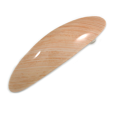 Light Brown Stripy Print Acrylic Oval Barrette/ Hair Clip In Silver Tone - 90mm Long