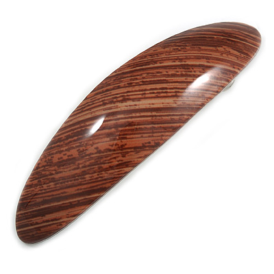 Brown Stripy Print Acrylic Oval Barrette/ Hair Clip In Silver Tone - 90mm Long - main view