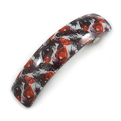 Red/ Black Feather Motif Acrylic Square Barrette/ Hair Clip - 85mm Long - main view