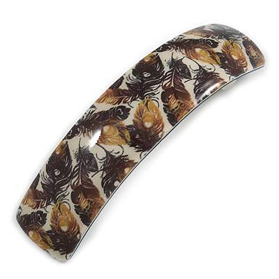 Brown/ Black Feather Motif Acrylic Square Barrette/ Hair Clip - 85mm Long - main view