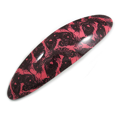 Deep Pink/ Black Feather Motif Acrylic Oval Barrette/ Hair Clip - 95mm Long - main view
