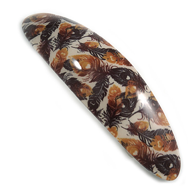Brown/ Black Feather Motif Acrylic Oval Barrette/ Hair Clip - 95mm Long - main view