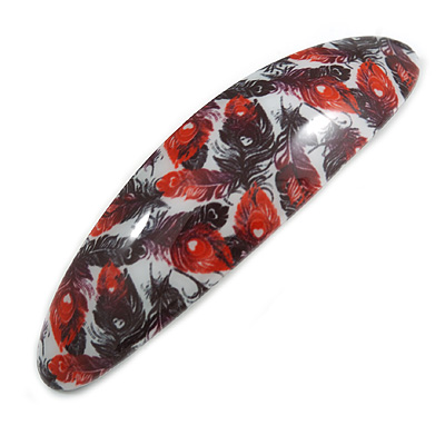 Red/ Black Feather Motif Acrylic Oval Barrette/ Hair Clip - 95mm Long - main view