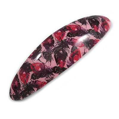 Pink/ Black Feather Motif Acrylic Oval Barrette/ Hair Clip - 95mm Long - main view