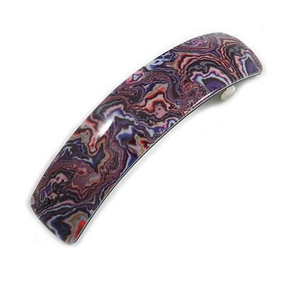 Purple/ Black/ Pink Abstract Print Acrylic Square Barrette/ Hair Clip - 90mm Long - main view