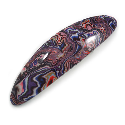 Purple/ Blue/ Pink/ Black Abstract Print Acrylic Oval Barrette/ Hair Clip - 95mm Long - main view
