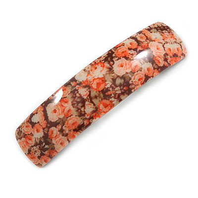 Romantic Floral Acrylic Square Barrette/ Hair Clip in Orange/ Brown - 90mm Long - main view