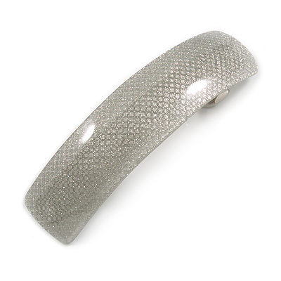 Silvery Grey Сheckered Print with Glitter Acrylic Square Barrette/ Hair Clip In Silver Tone - 90mm Long