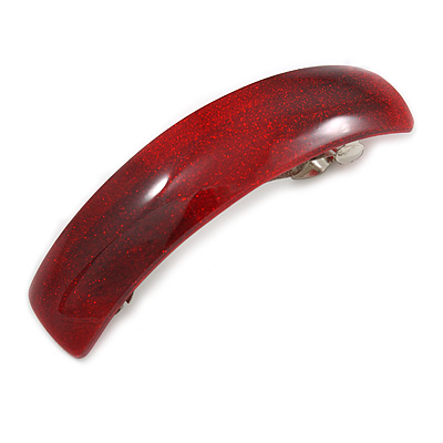 Red/ Burgundy Glitter Acrylic Square Barrette/ Hair Clip In Silver Tone - 90mm Long - main view