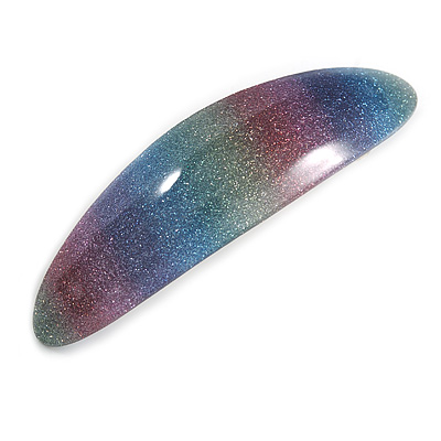 'Rainbow' Glitter Acrylic Oval Barrette/ Hair Clip In Silver Tone - 90mm Long - main view