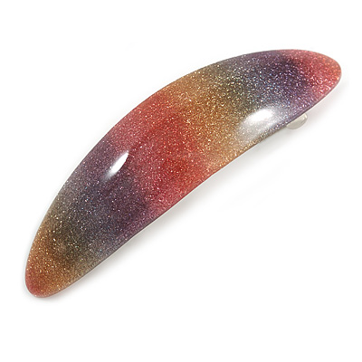 'Rainbow' Glitter Acrylic Oval Barrette/ Hair Clip In Silver Tone - 90mm Long - main view