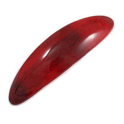Red/ Burgundy Glitter Acrylic Oval Barrette/ Hair Clip In Silver Tone - 90mm Long