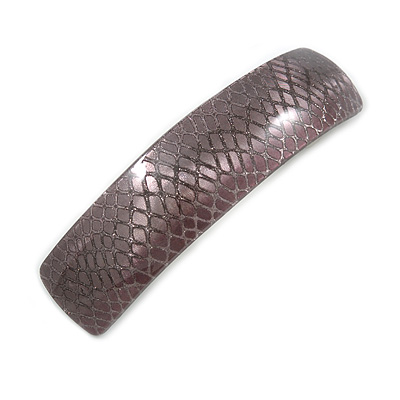 Taupe Snake Print Acrylic Square Barrette/ Hair Clip In Silver Tone - 90mm Long - main view