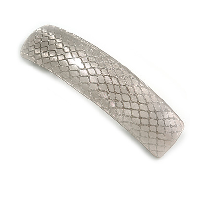 Silvery Grey Snake Print Acrylic Square Barrette/ Hair Clip In Silver Tone - 90mm Long - main view