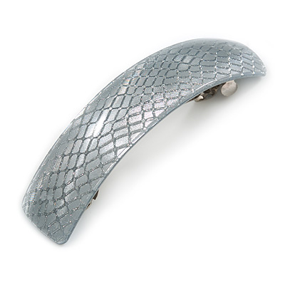 Metallic Silver Snake Print Acrylic Square Barrette/ Hair Clip In Silver Tone - 90mm Long - main view