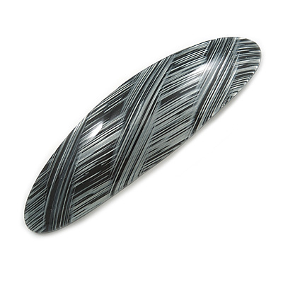 Black/ Metallic Silver Acrylic Oval Barrette/ Hair Clip In Silver Tone - 90mm Long - main view