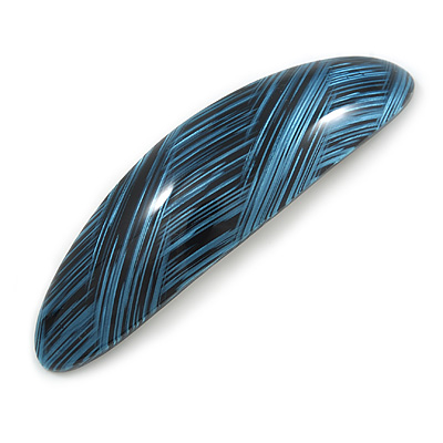 Blue/ Black Acrylic Oval Barrette/ Hair Clip In Silver Tone - 90mm Long - main view