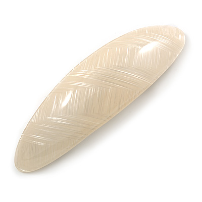 Cream Acrylic Oval Barrette/ Hair Clip In Silver Tone - 90mm Long