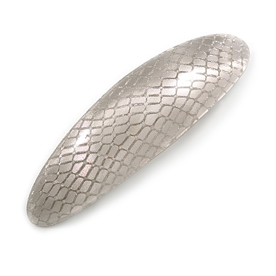Silvery Grey Snake Print Acrylic Oval Barrette/ Hair Clip In Silver Tone - 90mm Long - main view