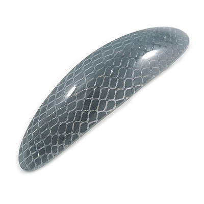 Grey Snake Print Acrylic Oval Barrette/ Hair Clip In Silver Tone - 90mm Long - main view