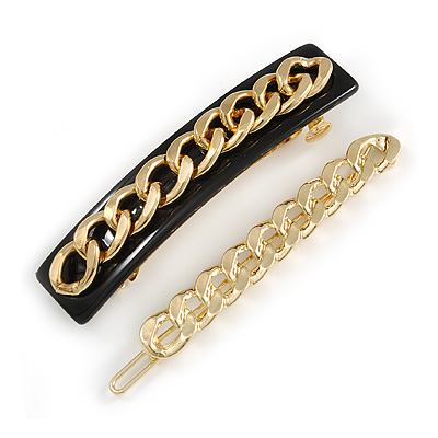 Set Of 2 Gold Tone Multi Link Hair Slide/ Grip and Black Acrylic Chain Barrette Hair Clip Grip In Gold Tone Metal - 90mm Across - main view