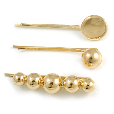 Set Of 3 Polished Ball Hair Slide/ Grip In Gold Tone Metal - 55mm Long - main view