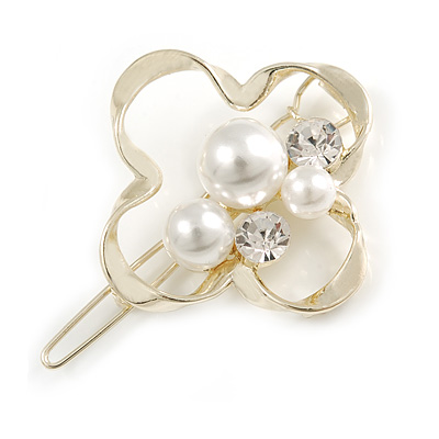 Gold Tone White Glass Pearl Bead Clear Crystal Open Flower Hair Slide/ Grip - 45mm Across