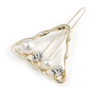 Gold Tone White Glass Pearl Bead Clear Crystal Open Triangular Hair Slide/ Grip - 45mm Across - main view