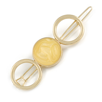 Gold Tone Triple Circle Lemon Yellow Enamel Hair Slide/ Grip - 70mm Across - main view