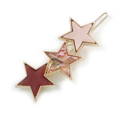 Gold Tone Triple Star Pink Hair Slide/ Grip - 65mm Across - main view