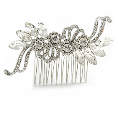 Bridal/ Wedding/ Prom/ Party Silver Tone Clear Crystal Floral Hair Comb - 90mm W - main view