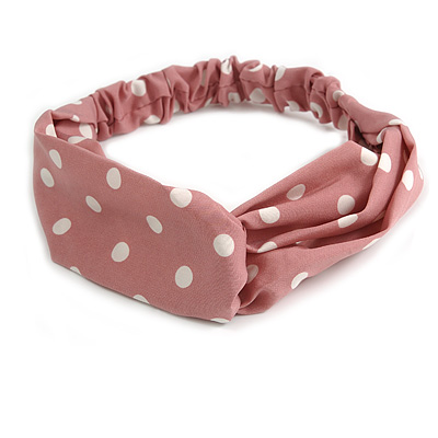 Dusty Pink and White Polka-Dotted Twisted Fabric Elastic Headband/ Headwrap