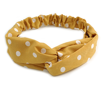 Dusty Yellow and White Polka-Dotted Twisted Fabric Elastic Headband/ Headwrap