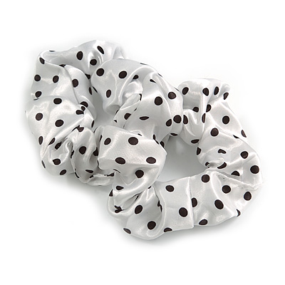 Pack Of 2 White/ Black Polka Dot Silk Hair Scrunchies - Medium Thickness Hair - main view