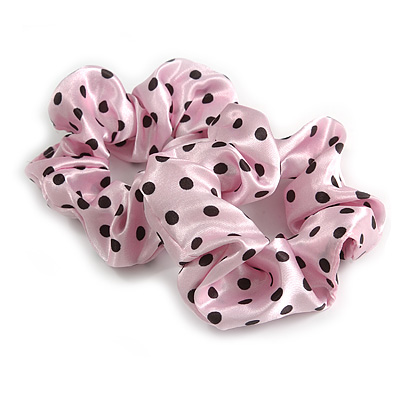 Pack Of 2 Pastel Pink/ Black Polka Dot Silk Hair Scrunchies - Medium Thickness Hair