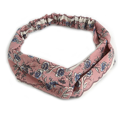 Pink/ White Floral Twisted Fabric Elastic Headband/ Headwrap - main view