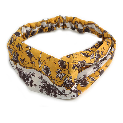 Yellow/ White Floral Twisted Fabric Elastic Headband/ Headwrap