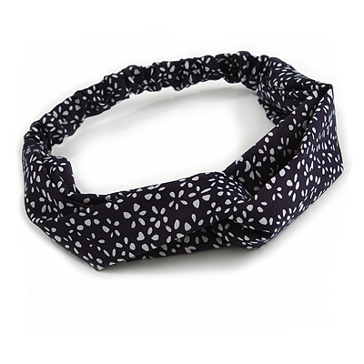 Dark Blue/ White Floral Twisted Fabric Elastic Headband/ Headwrap - main view