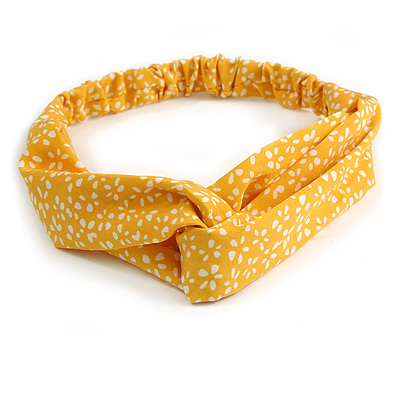 Yellow/ White Floral Twisted Fabric Elastic Headband/ Headwrap - main view
