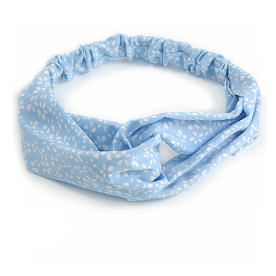 Light Blue/ White Floral Twisted Fabric Elastic Headband/ Headwrap - main view