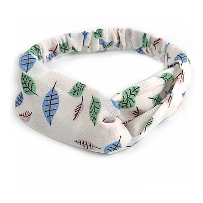 White Floral Leaf Twisted Fabric Elastic Headband/ Headwrap