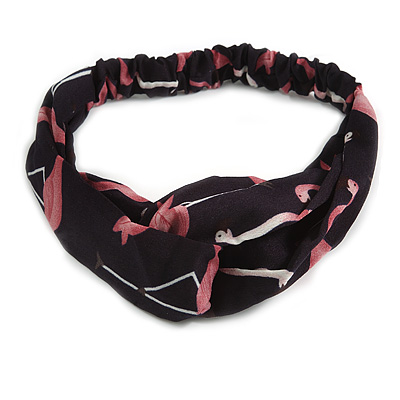 Dark Blue/ Pink Flamingo Twisted Fabric Elastic Headband/ Headwrap - main view